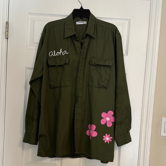 Lovely Day Tops - Olive Green Shirt/Jacket with Pink Floral Accent